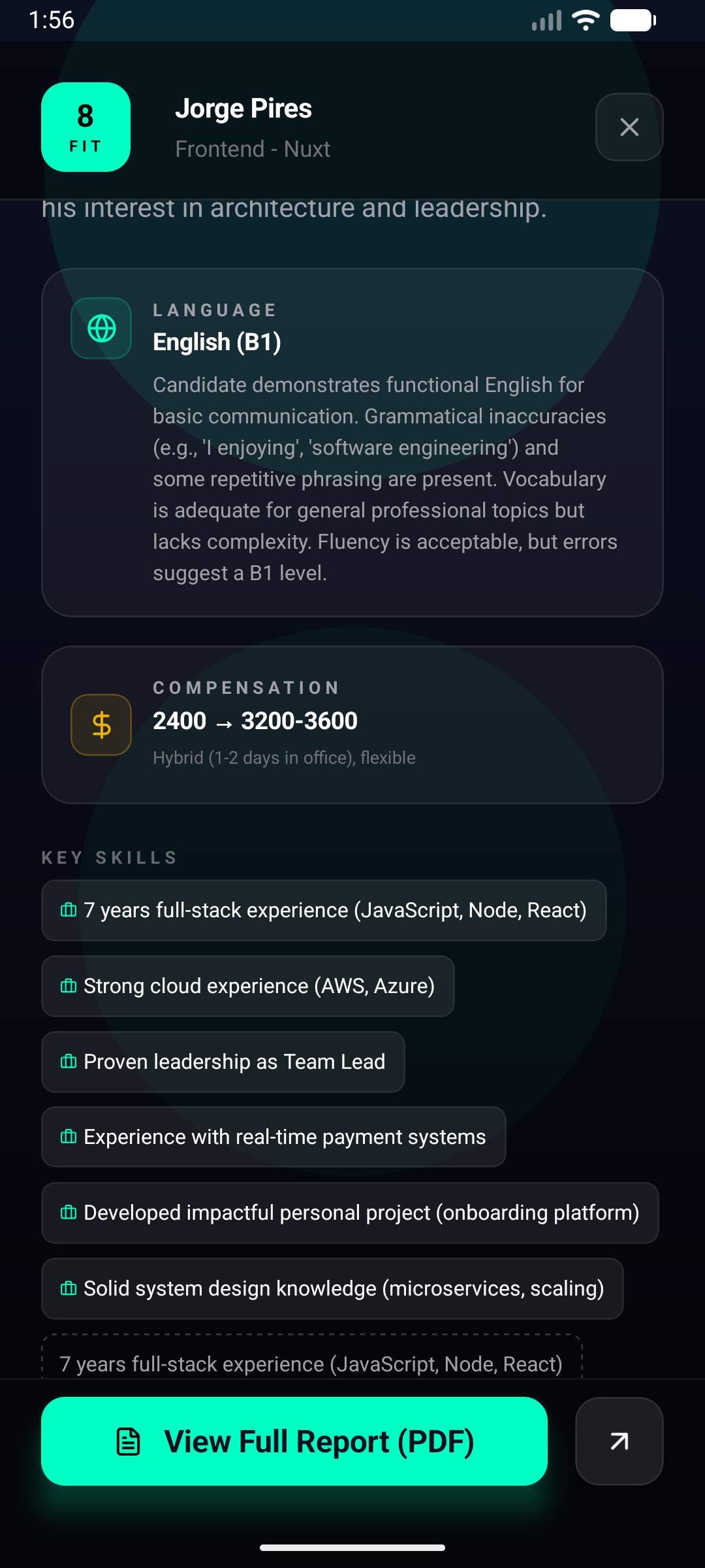 Swiqe language analysis screen showing CEFR level rating, fluency breakdown, and grammar score for a candidate interview